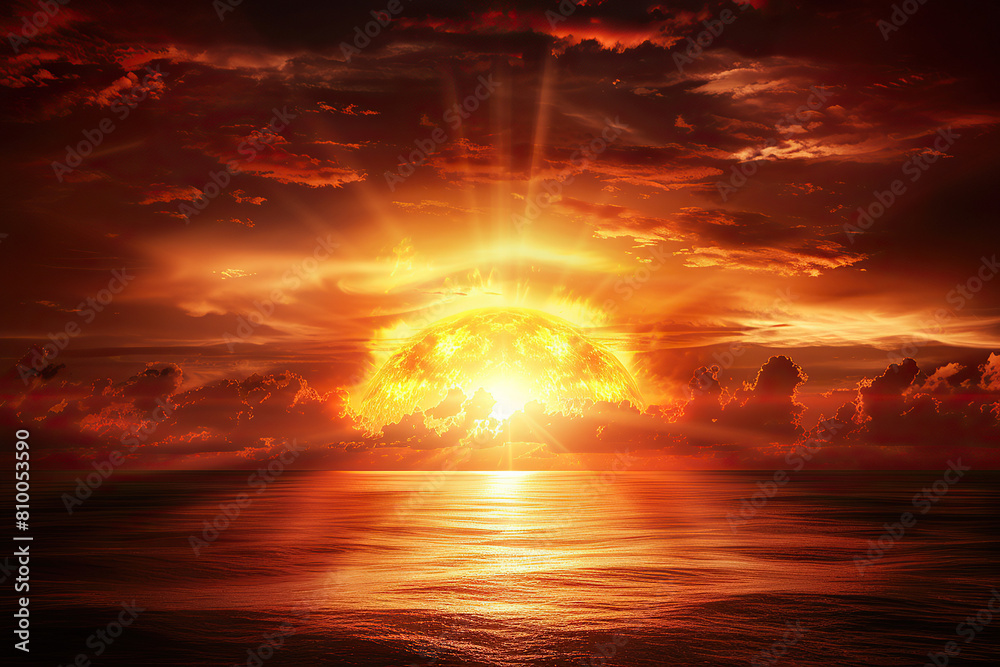 Nuclear Explosion Ocean Test, Red Sky Background, Smoke Cloud, World War Nuclear Explosion Ocean Test, Red Sky Background, Smoke Cloud, World War