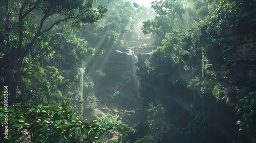 A serene view of a deeply eroded gulley surrounded by lush green vegetation, with sunlight filtering through the trees, creating a mosaic of light and shadow on the rugged terrain photo
