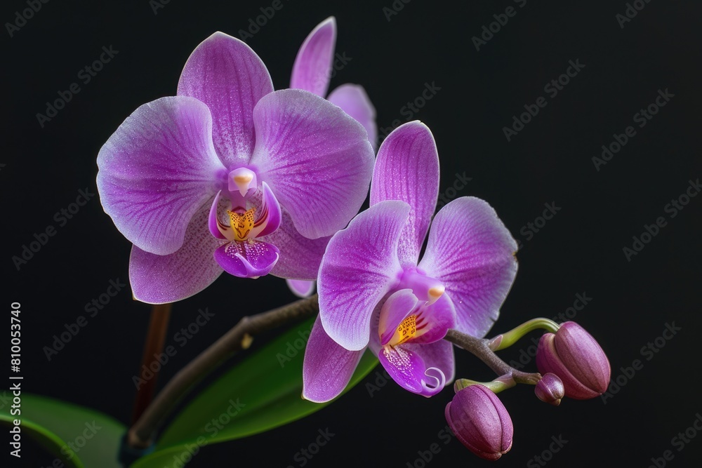 Obraz premium Blooming Mini Orchid in Vibrant Violet Color Isolated on Black Background - Macro Shot
