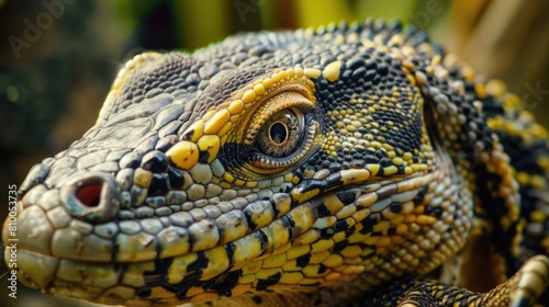 Closeup of Aggressive Nile Monitor Reptile with Exotic Claws and Intense Eye Gaze as Pet