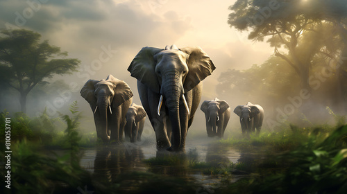 A herd of majestic elephants gracefully moving through a misty jungle clearing.