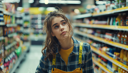 An anxious young woman pushes a shopping cart down a supermarket aisle, focused on shopping and considering product choices.