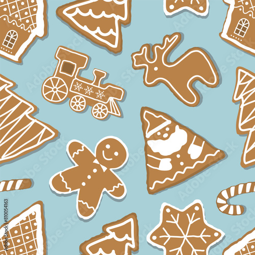 Christmas Pattern. Seamless Print with Gingerbread Cookies. Gingerbread houses, Santa Claus, deer, trees, gingerbread man, train, star. Cute Background. Vector illustration on light blue background