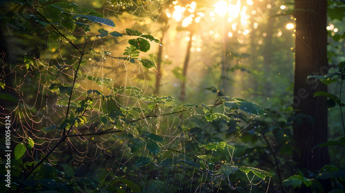 A serene woodland scene at dawn with light piercing through dense foliage  highlighting the dew on spider webs and leaves  captured in ultra HD