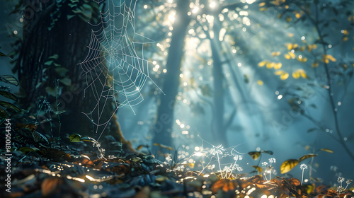A serene woodland scene at dawn with light piercing through dense foliage, highlighting the dew on spider webs and leaves, captured in ultra HD