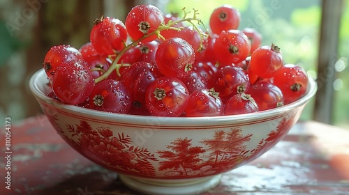   Red-white bowl filled with red berries on a red-white tablecloth