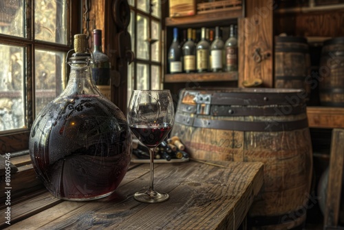Aged Fine Wine in Carboy: Aged & Refined Beverage in Demijohn with Glassware at Winery photo