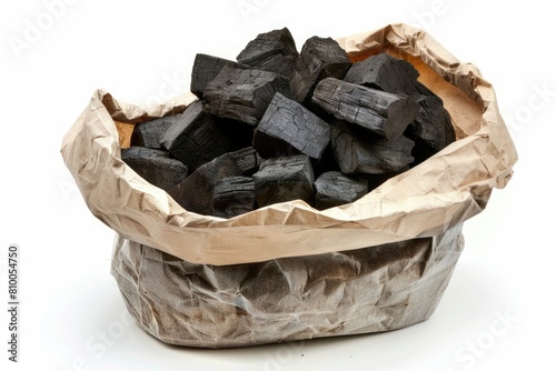 Bag of Charcoal for BBQ. Paper Sack of Coal isolated on White Background for Ignition and Grilling photo