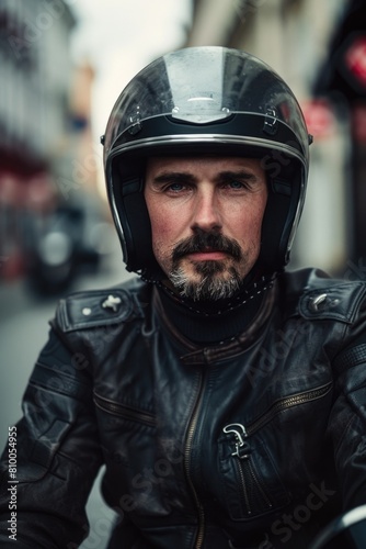 A man wearing a leather jacket and helmet riding a motorcycle. Suitable for motorbike enthusiasts or travel concepts