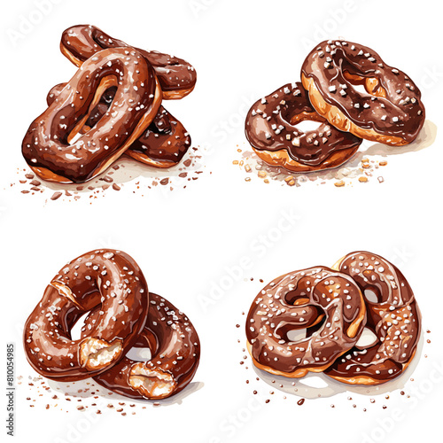 Delicious chocolate-covered pretzels sprinkled with coarse salt. A perfect sweet and salty snack for bakeries, cafes, dessert lovers, and food photography.