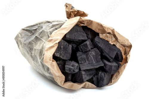 Bag of Charcoal for Bar-B-Q. Paper Sack Full of Charcoal Coal for Ignition Isolated on White photo