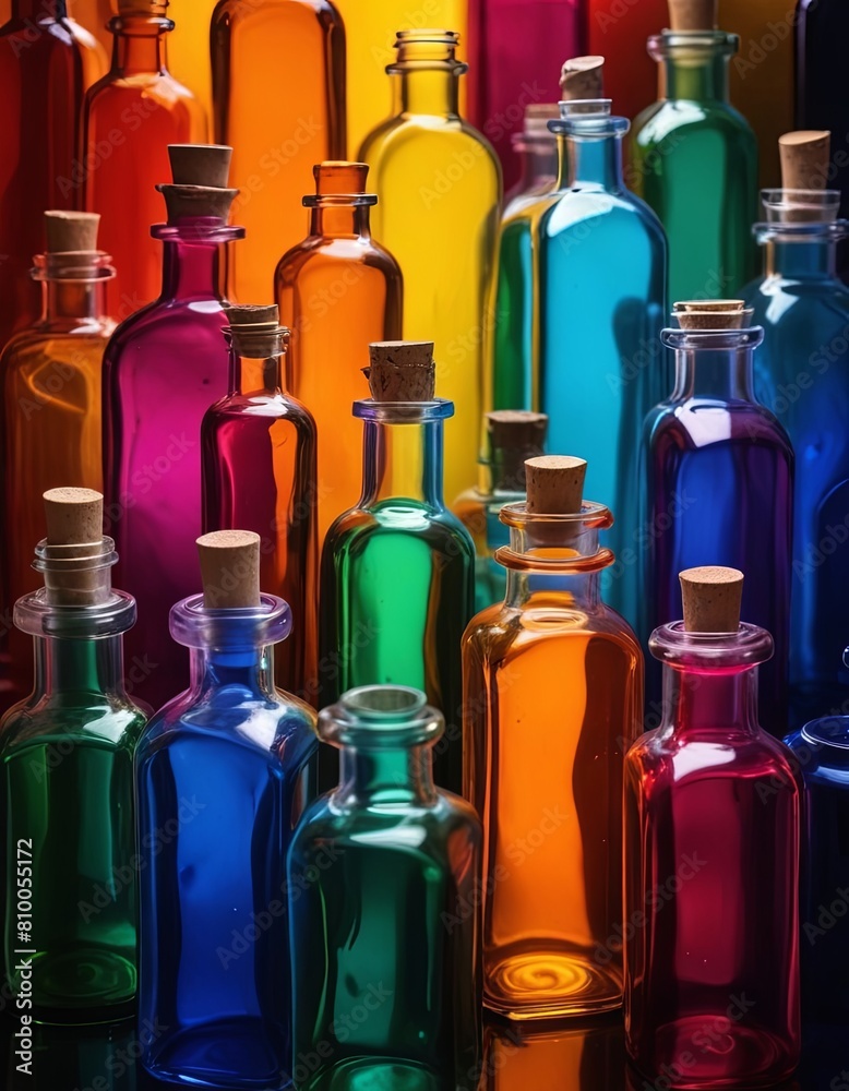 Colorful bottles, paint splash