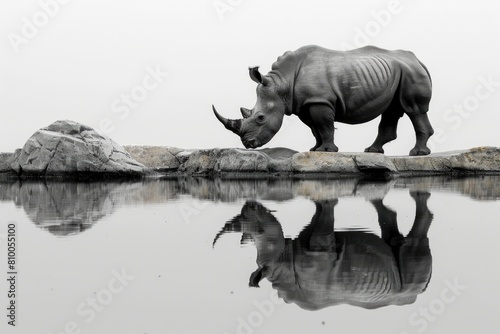 Majestic rhino standing on a rock by a tranquil body of water. Suitable for wildlife and nature themes