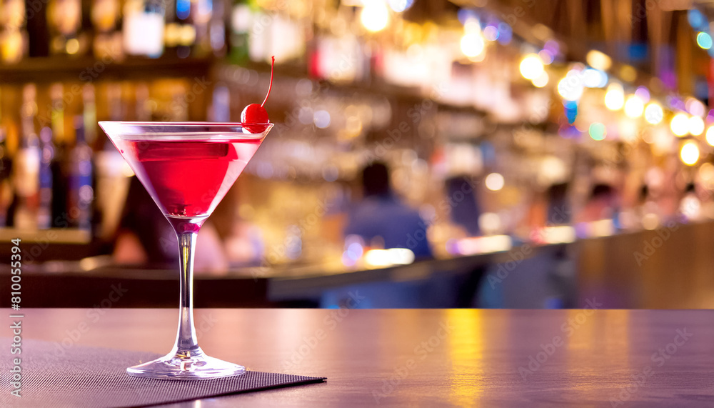 Cocktail Cosmopolitan, im Hintergrund eine Bar 