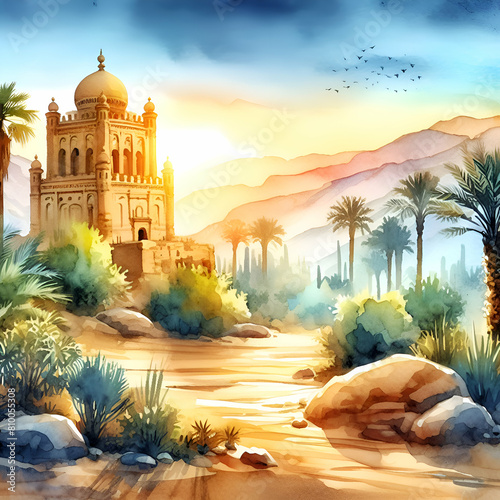Eternal Spring: Immortalizing the Eternal Renewal of Life Within the Oasis Through Watercolors