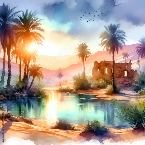 Serenity Springs  Finding Peace and Renewal in the Oasis Through the Artistry of Watercolors