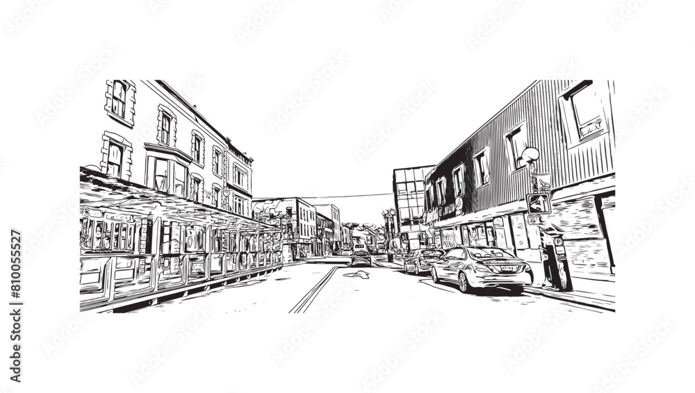 Print Building view with landmark of St. John's is the capital and largest city in Newfoundland and Labrador. Hand drawn sketch illustration in vector.