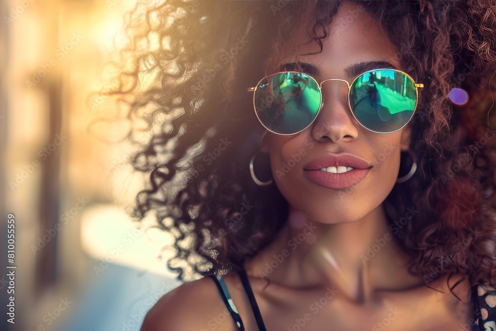 curly African American girl in sunglasses portrait