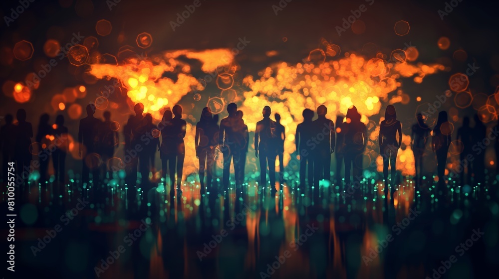 Obraz premium Business background banner,, A group of people are standing in front of a globe, with the globe being orange and surrounded by a blue background