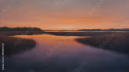 A soft sunset over a lowland creek  the sky painted in shades of orange and pink  reflecting on the calm water surface