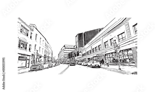 Print Building view with landmark of St. John s is the capital and largest city in Newfoundland and Labrador. Hand drawn sketch illustration in vector.
