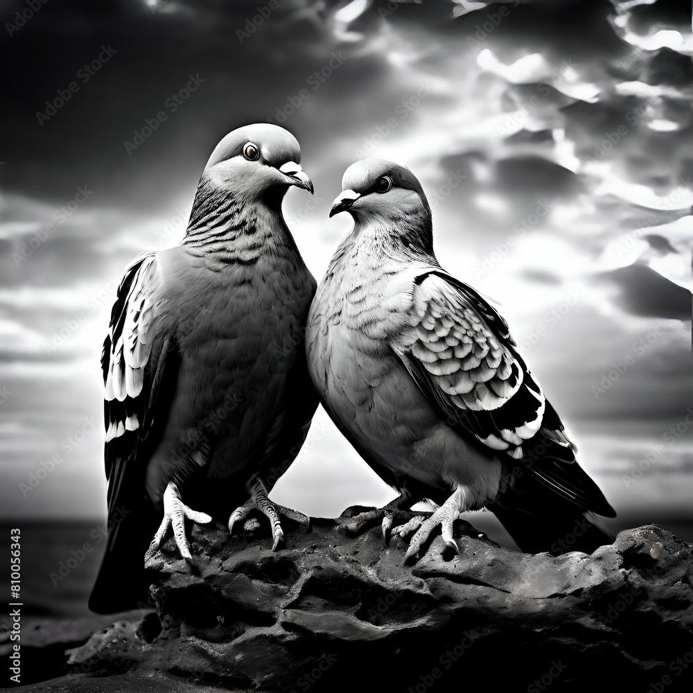 Fototapeta premium black and white two beautiful pigeons landscape photo 