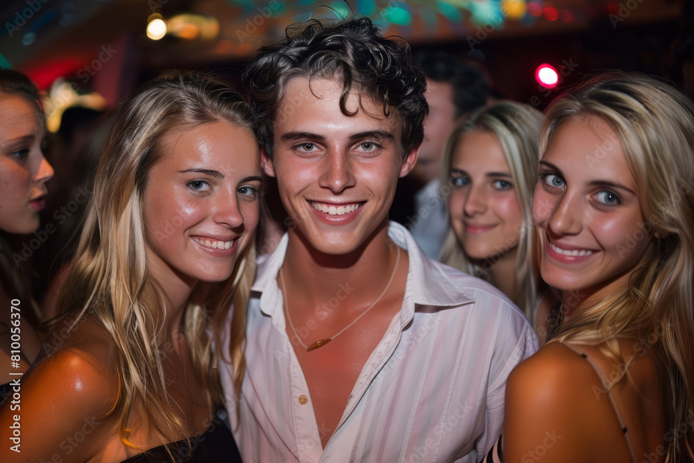 Handsome man surrounded by blondes in a nightclub Handsome man surrounded by blondes in a nightclub