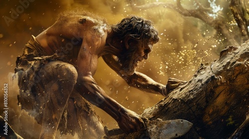 Caveman carving a tree with his basic prehistoric day weapon in high resolution and high quality. history concept  cave