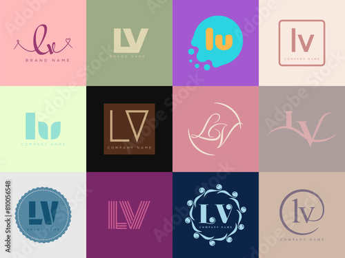LV logo company template. Letter l and v logotype. Set different classic serif lettering and modern bold text with design elements. Initial font typography.