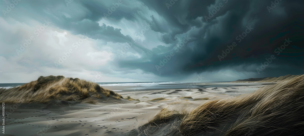 A stark contrast of a stormy sky over peaceful coastal dunes, capturing the drama between turbulent weather and the serene landscape A stark contrast of a stormy sky over peaceful coastal dunes, capturing the drama between turbulent weather and the serene landscape