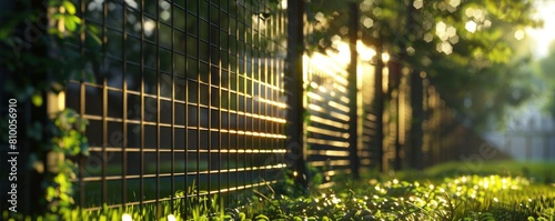 black fence with solar panels on green grass field with tree, shadow sun shine