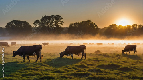 Majestic Sunrise Pasture  Panoramic View of Cows Grazing in Dewy Field with Sun Emerging Through Morning Fog