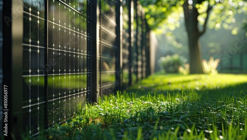 black fence with solar panels on green grass field with tree, shadow sun shine