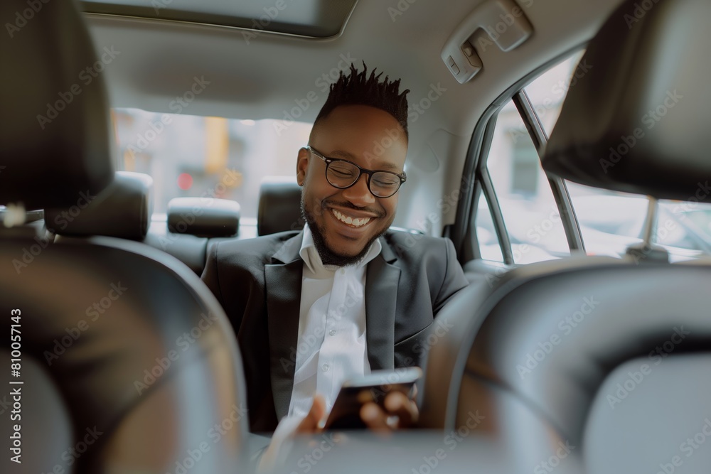A business man in a suit is smiling and looking at his cell phone while sitting in a car. Concept of relaxation and enjoyment, as the man is taking a break from his busy day to check his phone