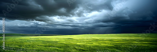 A storm approaching over the high plains, showcasing dark, ominous clouds contrasting with the bright green grass photo