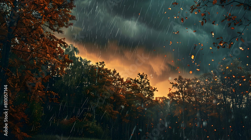 A stormy afternoon in a deciduous forest  with heavy raindrops falling on the thick leaf cover and a dramatic  cloudy sky overhead