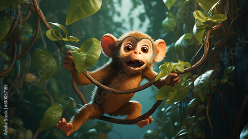 A mischievous monkey swinging from vine to vine  brimming with energy in the jungle.