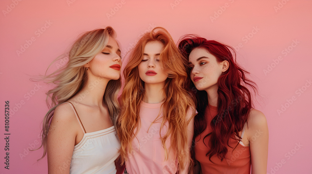 Group of three young ladies on the pink background, realistic photo Group of three young ladies on the pink background, realistic photo