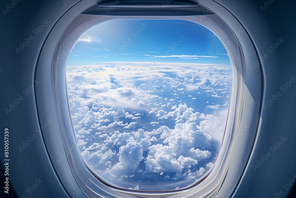 A calm view of the sky from the airplane window. A view of the clouds providing an atmosphere of peace and harmony from the height of flight. A calm view of the sky from the airplane window. A view of the clouds providing an atmosphere of peace and harmony from the height of flight.