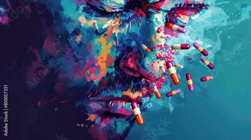 Close up of a man with pills on his face, suitable for medical and healthcare concepts © Ева Поликарпова