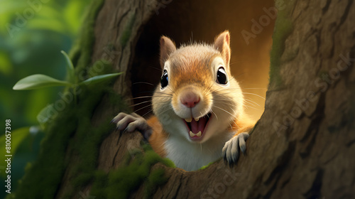 A mischievous squirrel peeking out from behind a tree trunk, its playful antics bringing joy to the jungle. photo