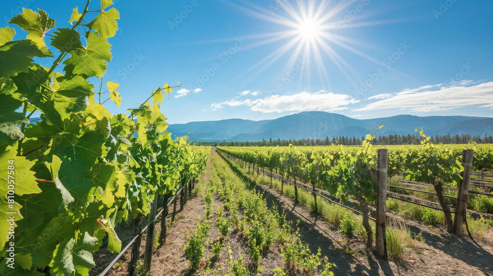Naklejka premium Sunlit Vineyard Rows Against Mountain Backdrop, Idyllic Wine Country Landscape