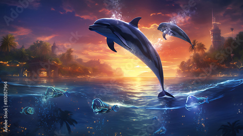 A playful group of dolphins leaping out of the water in a breathtaking display of joy in the jungle.