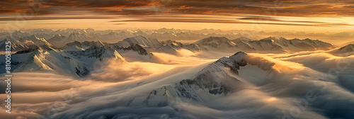 A stratospheric perspective of snow-covered mountain peaks piercing through a thick layer of clouds, bathed in golden sunrise light photo