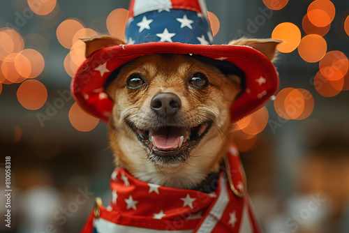 Funny patriotic dog in hat with American flag and fireworks on background, 4 July Independence Day celebration. photo
