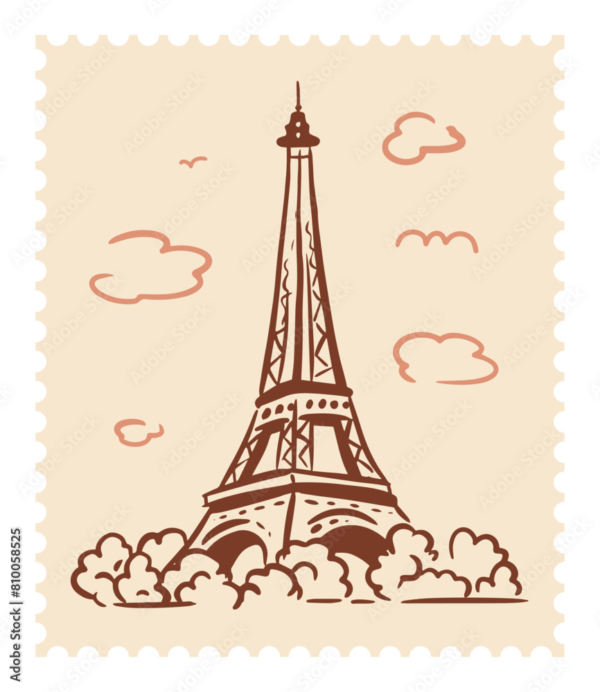 Eiffel Tower in Paris on a postage stamp. Landmark of Paris. Vector illustration in doodle style