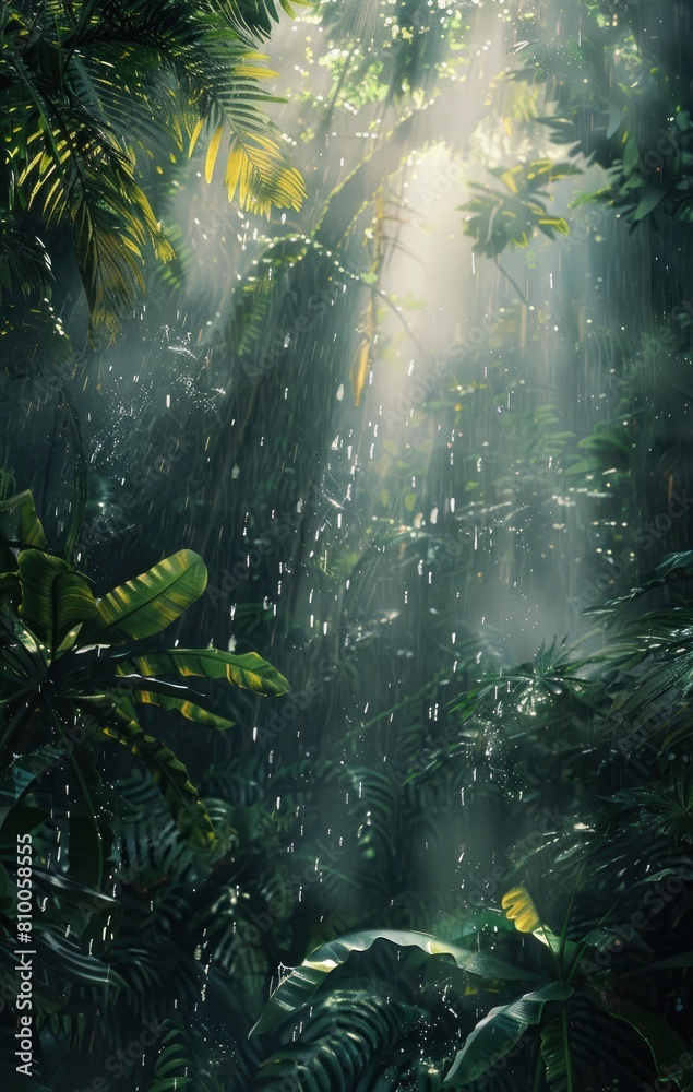 Rain falling in the jungle with light rays shining through raindrops