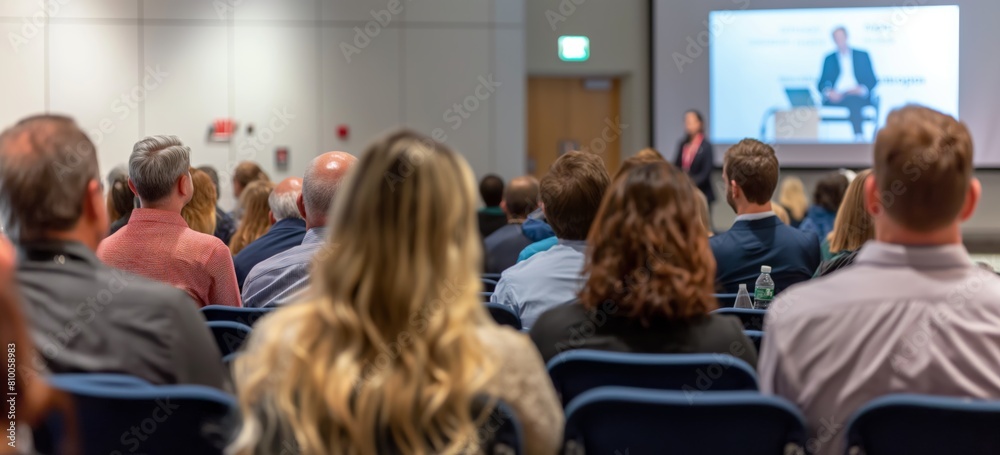 Banner, A large business group of people are sitting in a room and watching a presentation. Scene is one of attentiveness and focus as the audience listens to the speaker