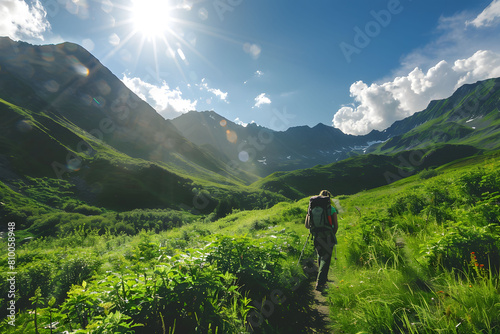 Spirit of summer adventure  hiker carrying backpack  trekking through lush green mountains.