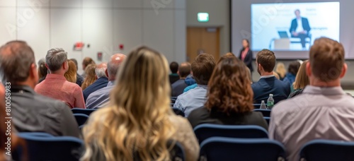 Banner, A large business group of people are sitting in a room and watching a presentation. Scene is one of attentiveness and focus as the audience listens to the speaker